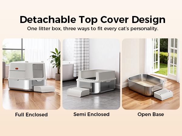 【For Big Cats】Extra Large Stainless Steel Cat Litter Box with Lid XL Enclosed Metal Litter Box for Large Cats, Features High Sidewalls, Removable Cover, Leak-proof, Non-stick, Easy to Clean, Beige Color