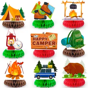 Camping Honeycomb Centerpiece, 9pcs Camper Table Centerpieces Happy Camper Honeycomb Centerpieces Camping Birthday Party Decorations for Table, Camping Themed Party Decorations for Table