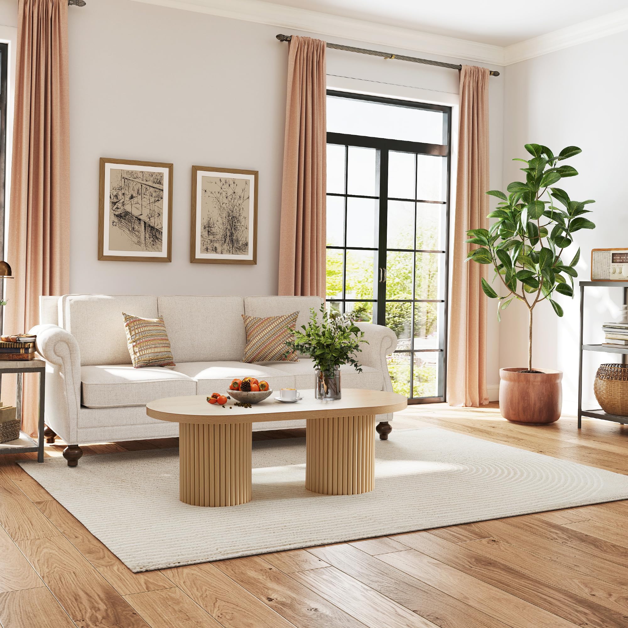 Giratree 39.38" Fluted Oval Coffee Table for Living Room, Boho Modern Coffee Table with Fluted Legs, Curved Round Wood Center Table for Home, Small Spaces, Office