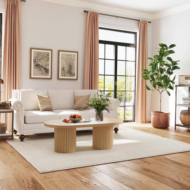 Giratree 39.38" Fluted Oval Coffee Table for Living Room, Boho Modern Coffee Table with Fluted Legs, Curved Round Wood Center Table for Home, Small Spaces, Office