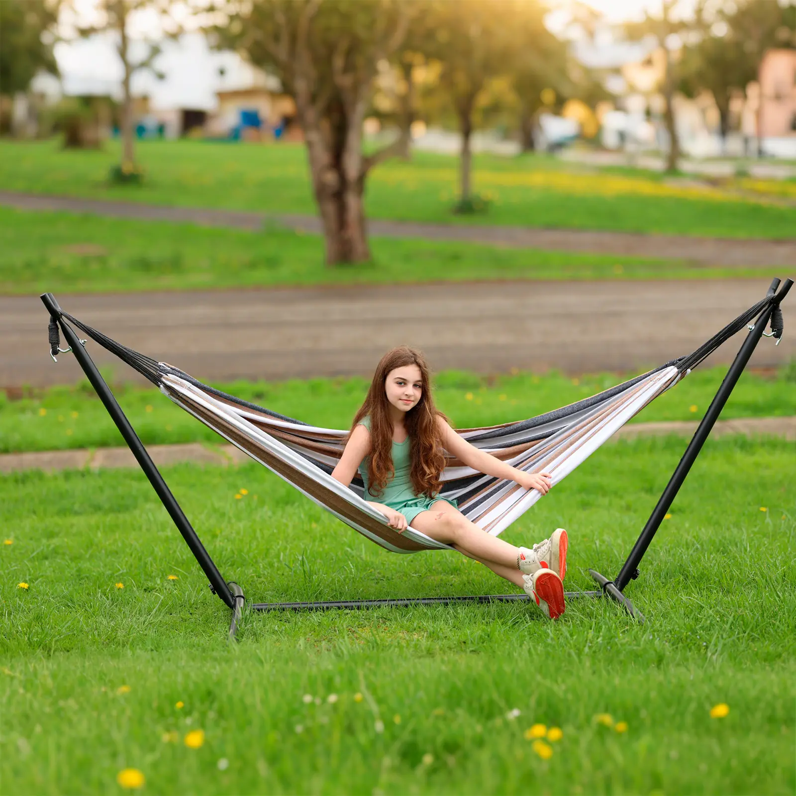 Hammock with Stand Included 450lb Capacity Steel Stand, Premium Carry Bag Included and Two Anti Roll Balance Beam