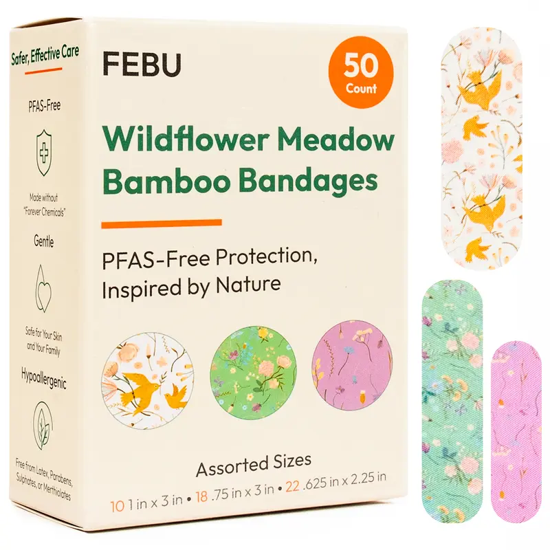 FEBU Bamboo Fabric Bandages | PFAS Free Flexible Fabric Bandages | Latex Free Bandages | Natural, Biodegradable, Sustainable Hypoallergenic Bandages for Scrapes, Cuts & First Aid | Healthcare Kit | Plastic Free