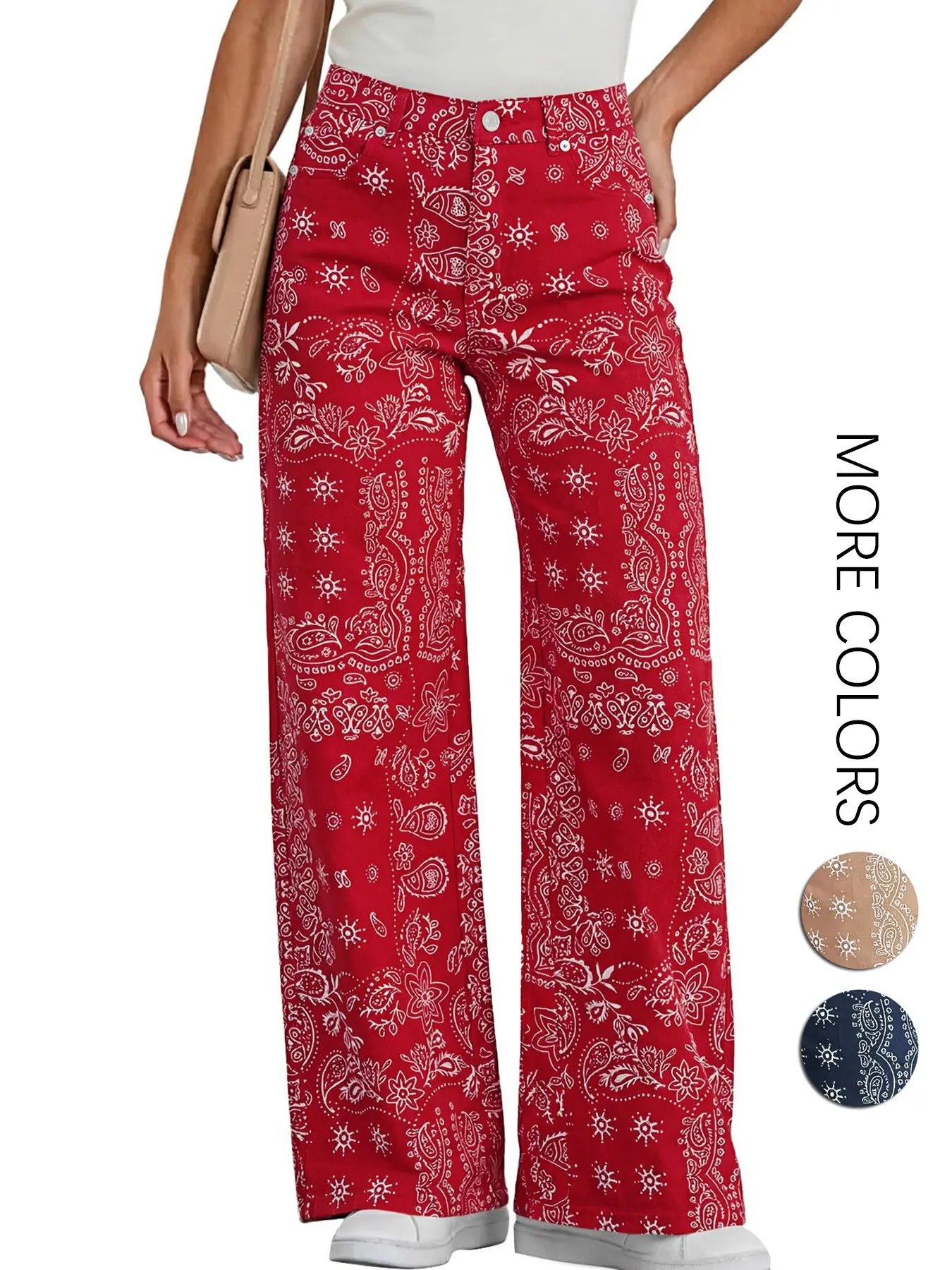Women's Loose Fit Wide Leg Jeans, Floral Print Bohemian Style High Waist Retro Pocket Denim Jeans