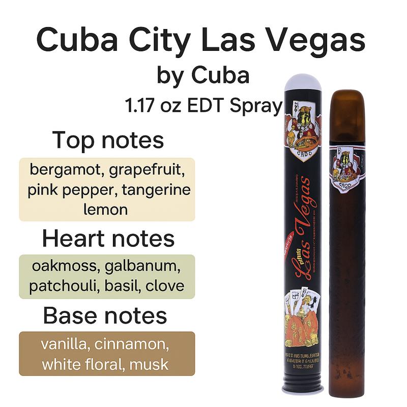 Cuba Cuba City Las Vegas by Cuba for Men - 1.17 oz Woody Aromatic Fragrance Bold Scent Long Lasting Eau de Toilette Spray Regular Edition