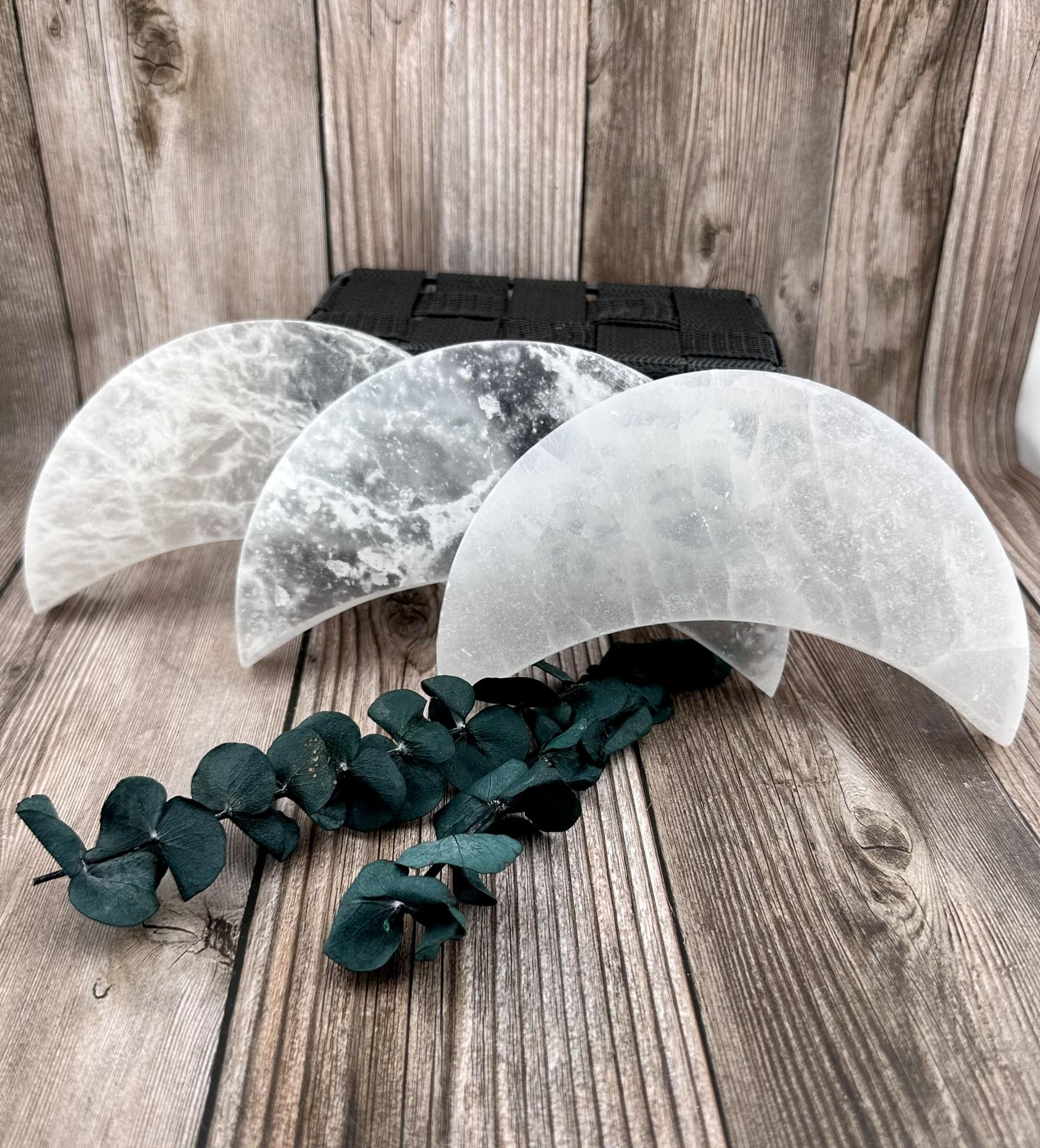 Natural Genuine Selenite moon Charging plates, crescent and full moon selenite plates for decor charging crystals candle plate natural healing and protective Selenite plates, moon phase decor