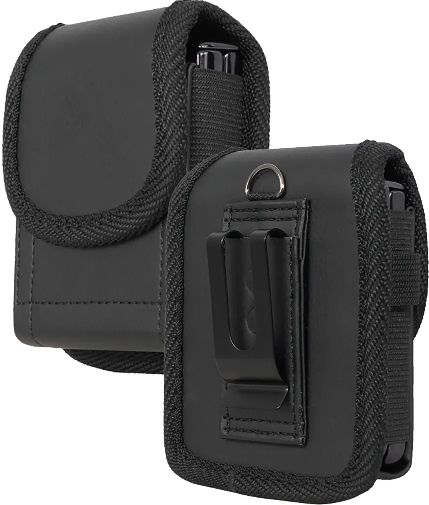 Nakedcellphone Case-Compatible Pouch for Samsung Galaxy Z Flip 7, Vegan Leather Holster Holder [Belt Loop, Metal Clip, Magnetic Closure] fits Motorola RAZR Ultra/Plus 2026/2025 - Black