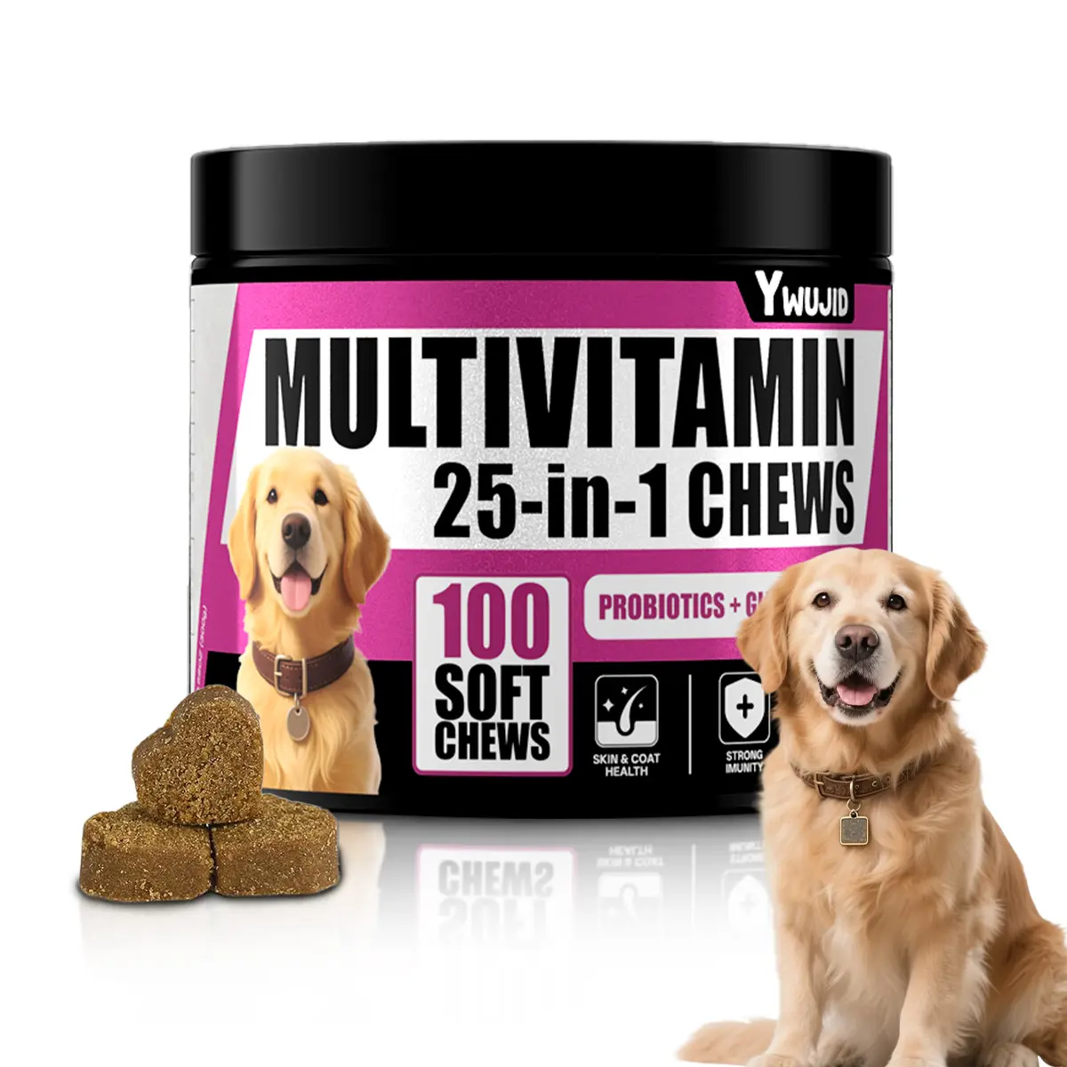 YWUJID 25-in-1 Dog Multivitamin Chewable with Probiotics,Dog Vitamins and Supplements Hip & Joints,Pets Immune Support,Skin,Coat,Heart,Gut Health Omega 3,Glucosamine for All Breeds Puppy,Adult & Senior Dogs