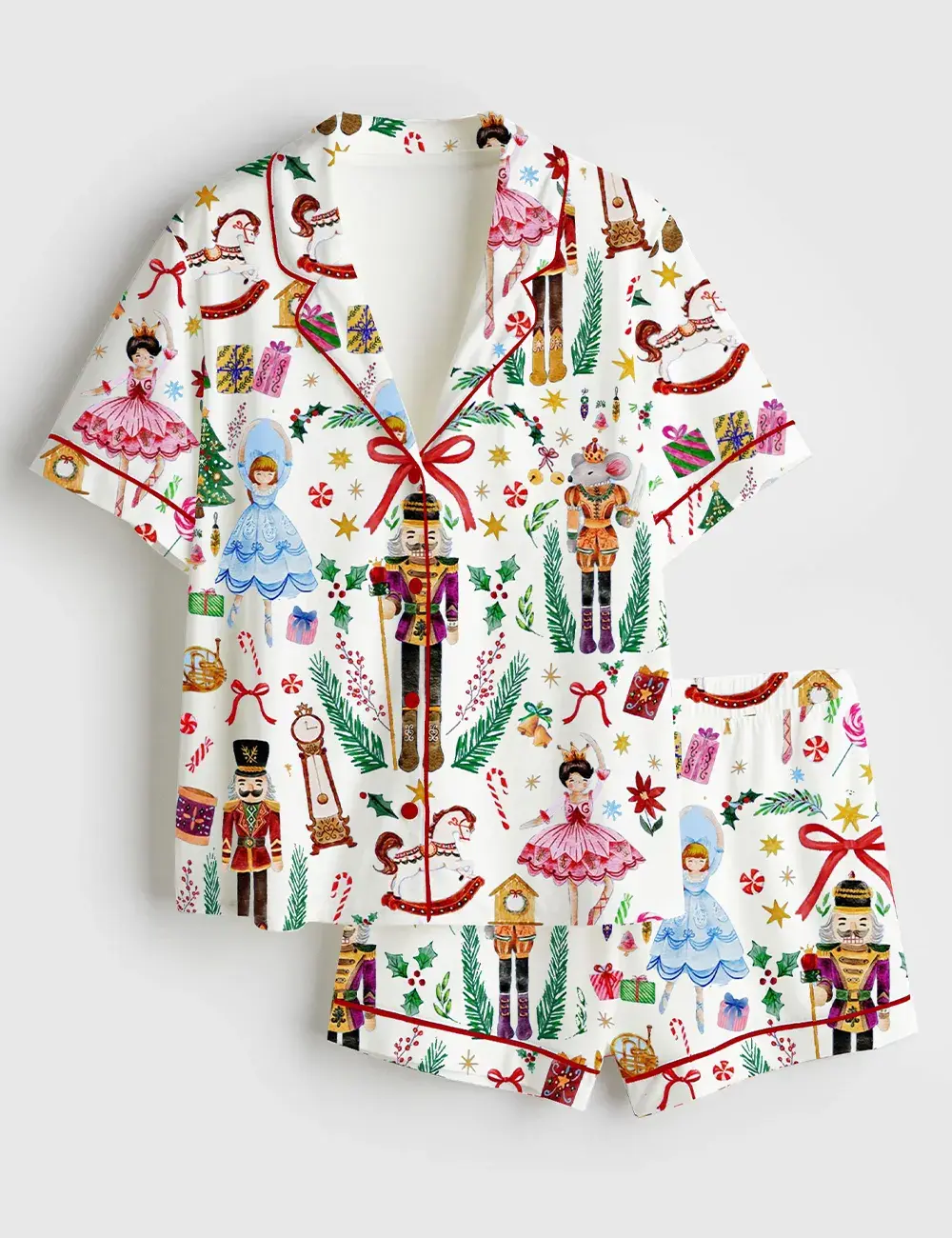 Women’s Vintage Christmas Nutcracker Ballet Holiday Party Short & Long Sleeve Satin Pajama Set
