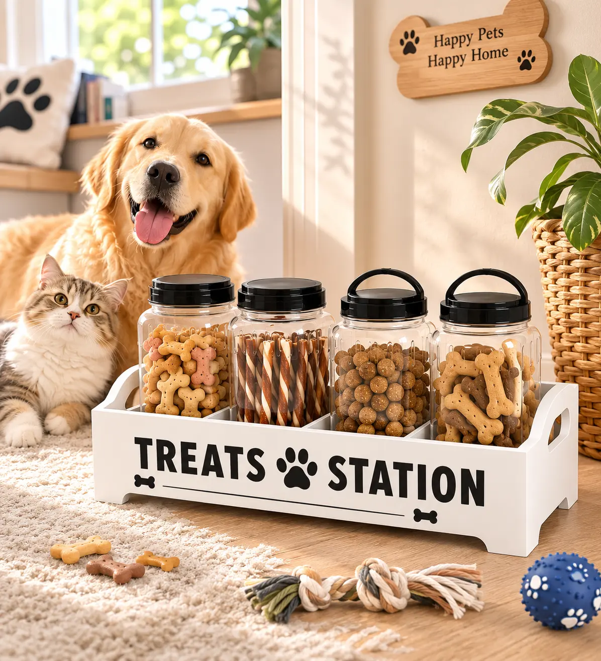 Dog & Cat Treat Station Organizer with 4 Airtight Containers, Wooden Pet Treat Storage Box for Dog Food, Cat Snacks, Countertop Pet Supply Organizer