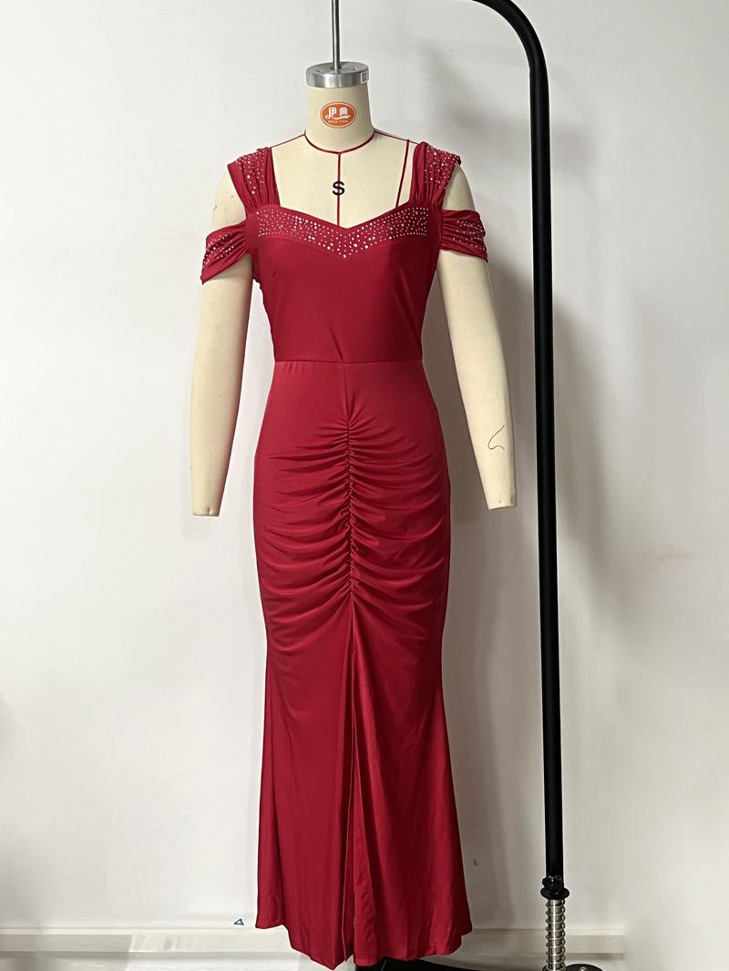 Women's elegant hot diamond off-shoulder slim high waist hip-wrapped slit dress  valentine's day outfit