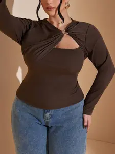 HANNA x BAE Plus Size Women's Off Shoulder Leopard Print Long Sleeve Ruched Blouse