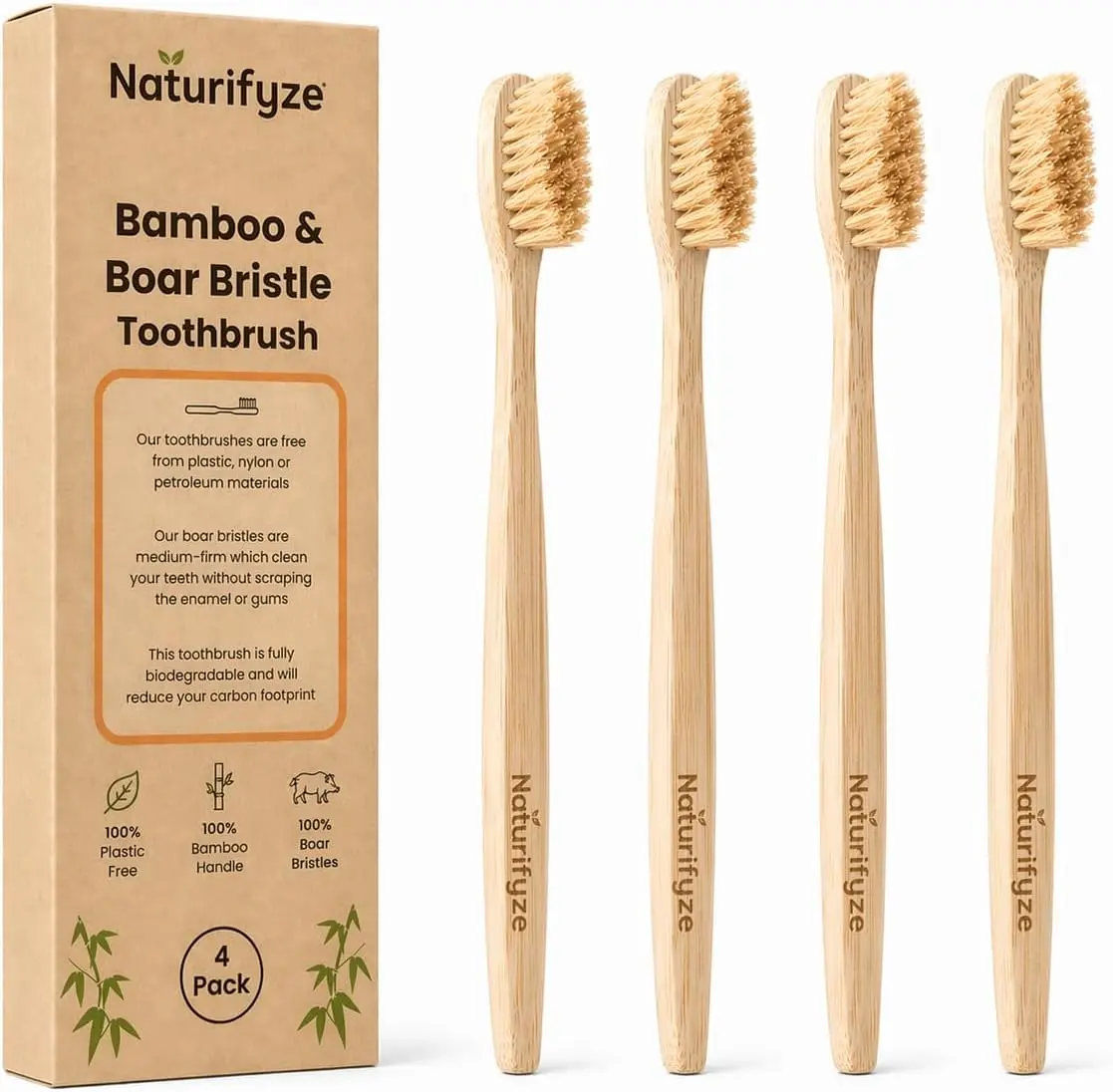 Boar Bristle & Bamboo Toothbrush (4 Pack) - Authentic Boar Bristles - Biodegradable - Plastic Free - Bamboo & Boar Bristle