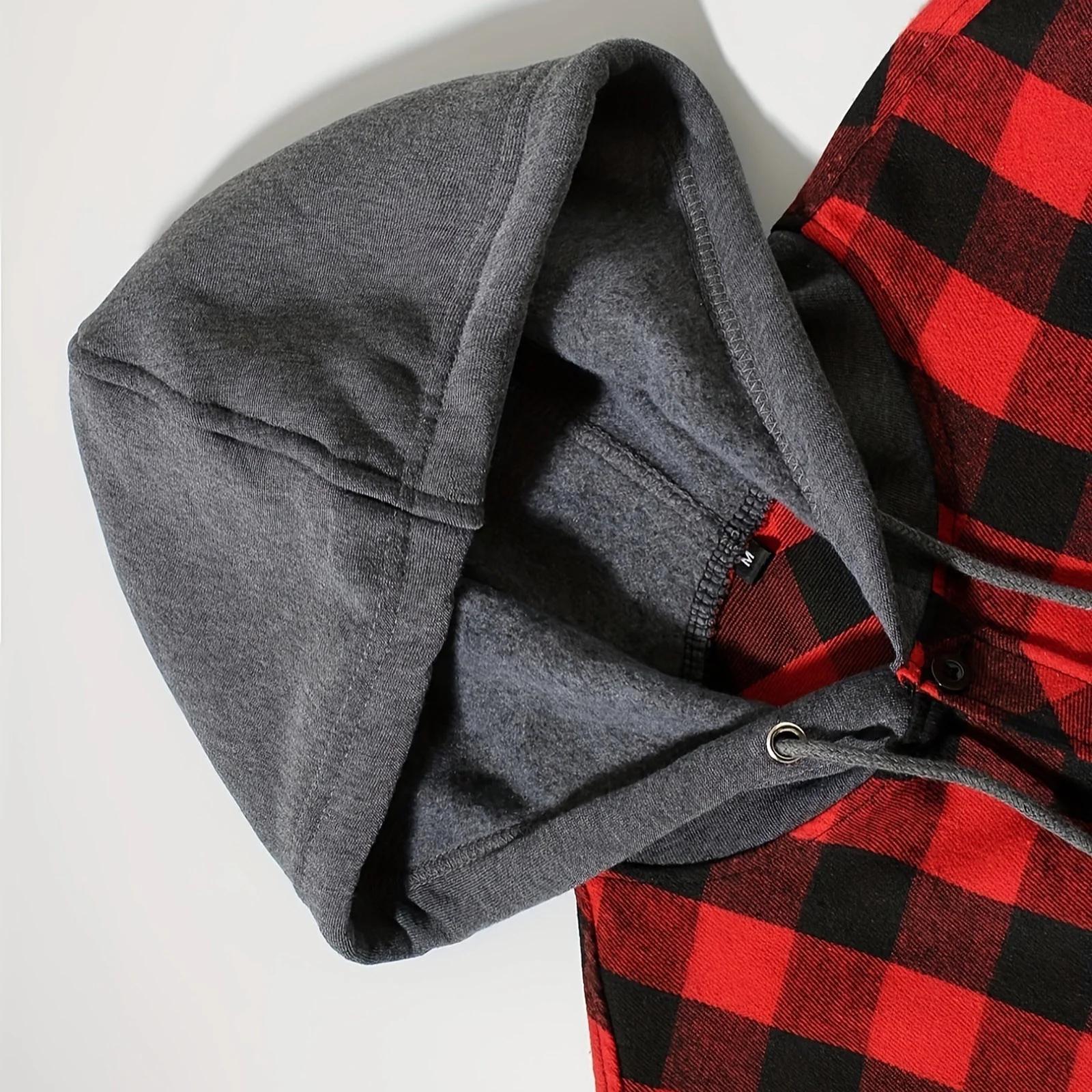 Men's Flannel Hoodie Shirt Long Sleeve Plaid Shirt Casual Classic Checkered Hooded Shacket