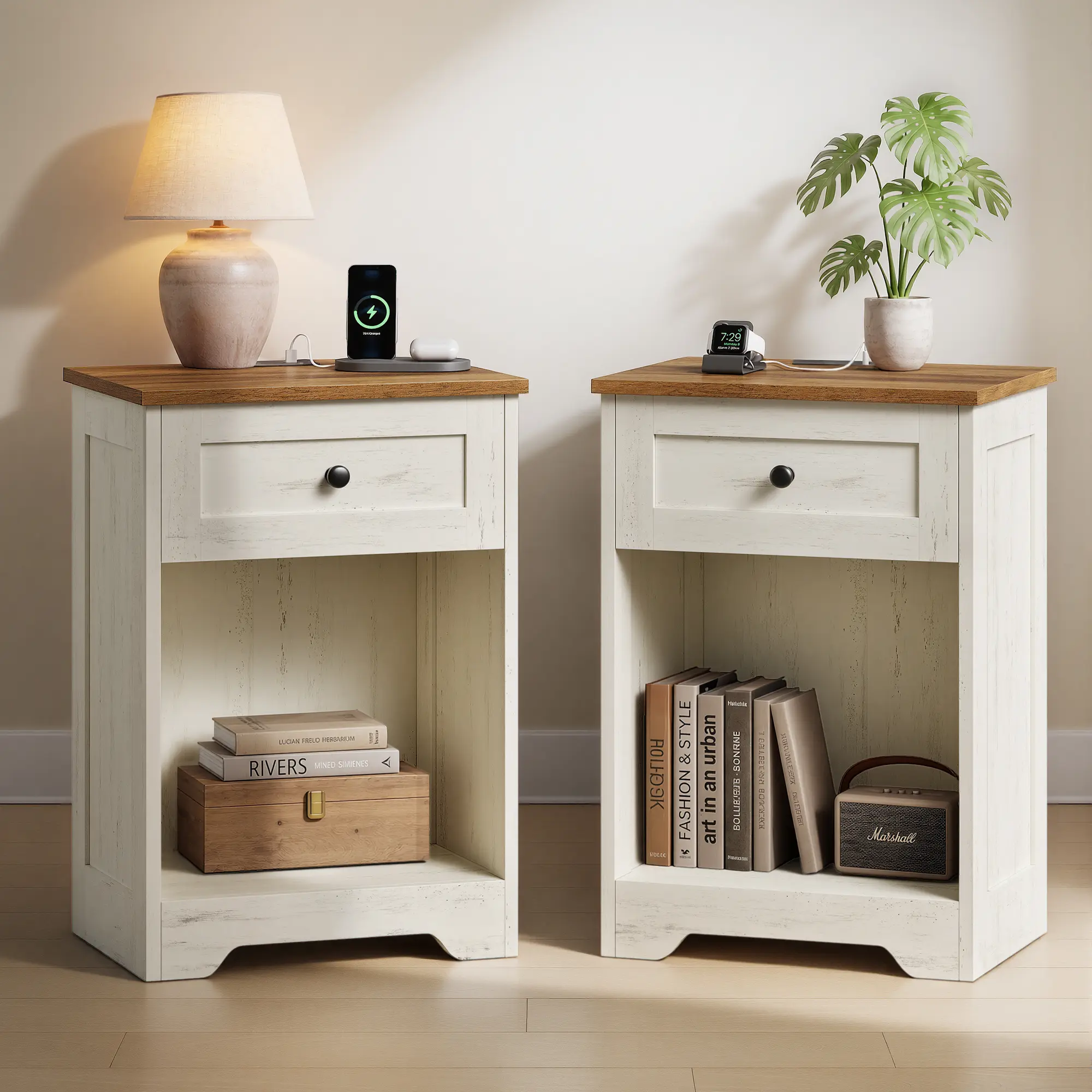 VASAGLE Traditional Basic Nightstand with Charging Station, Wood End Table with 1 Drawer and Open Shelf, Cloud White and Warm Brown, for Bedroom