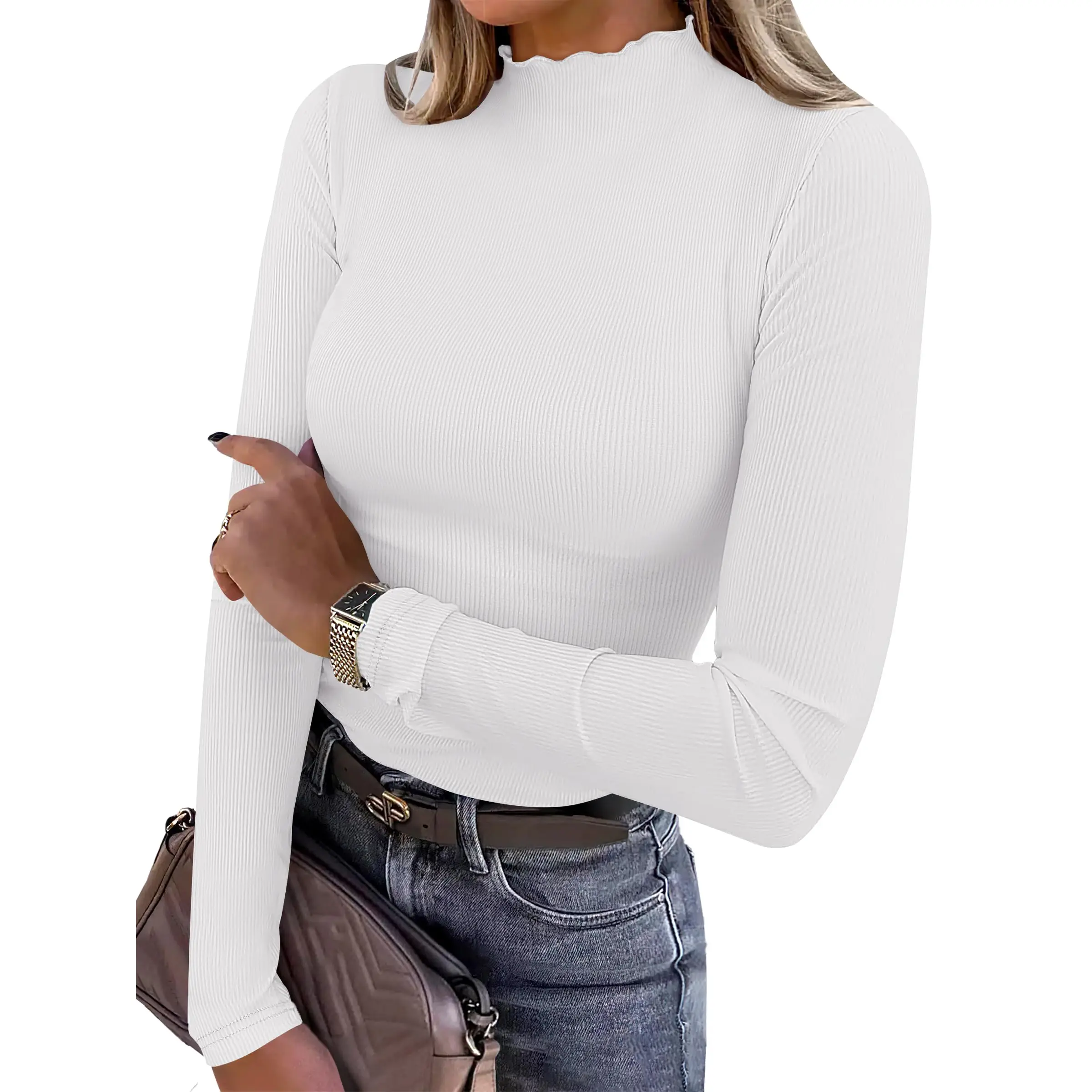 ANRABESS Women's Lettuce Trim Mock Neck Long Sleeve Tops 2026 Casual Dressy Ribbed Knit Slim Fit Tee Shirt Fall Layer Outfits Mock Turtleneck Sweater Lightweight Knit Sweater