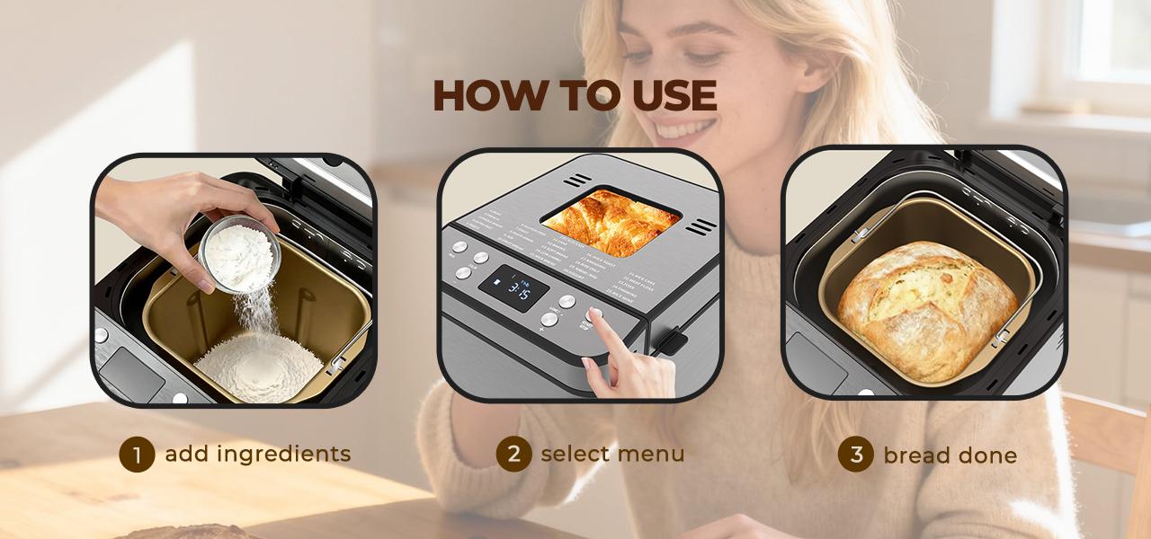 Rosewill 25-in-1 Automatic Bread Maker Machine with 3 Loaf Size up to 2LB, 700W High Power Dual Heater Bread Maker with BPA-free Nonstick Coating Pan, Max 15 Hours Delay Timer, Low Noise - Gray