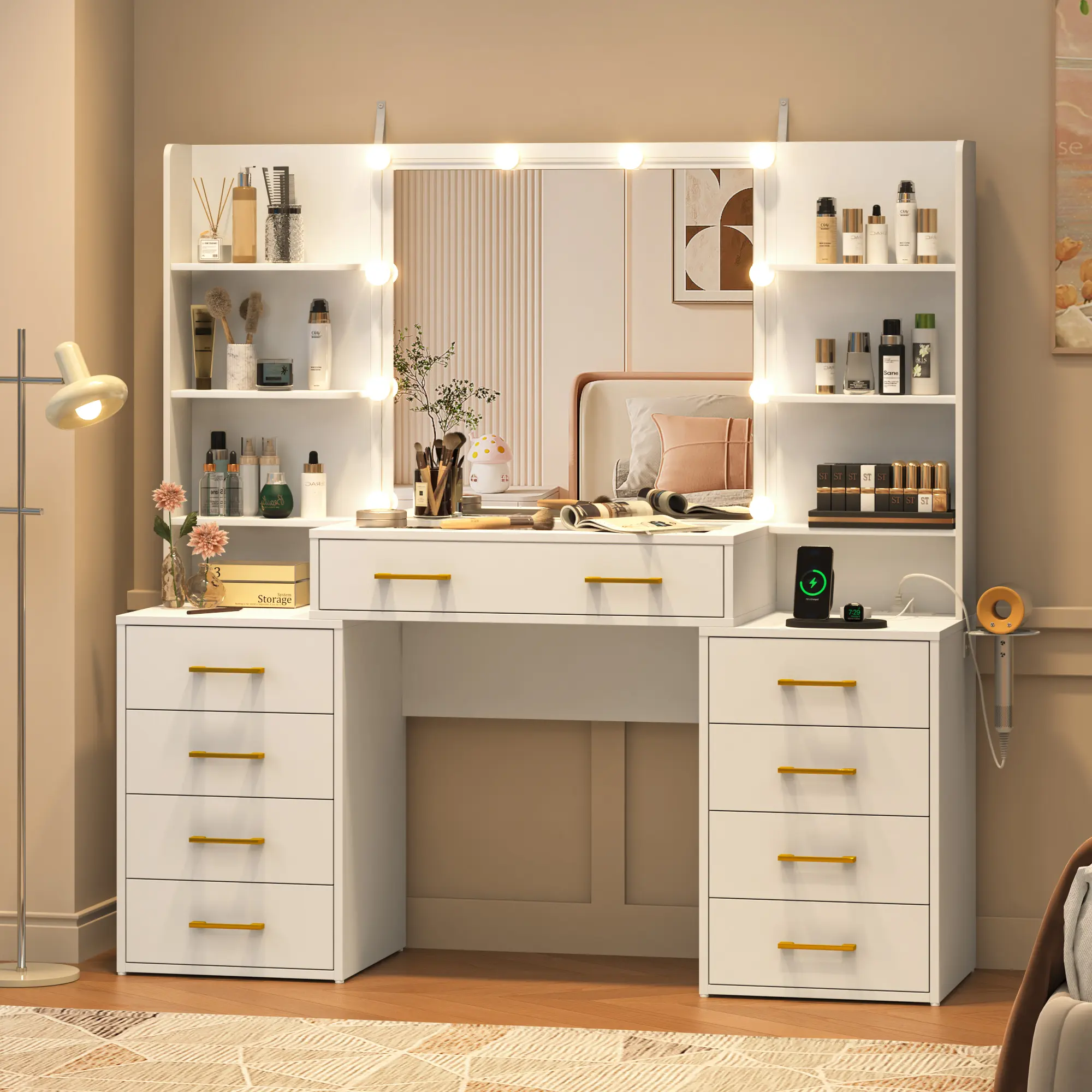 Vanity Desk with Mirror & LED Lights, Glass Top Vanity Desk with Charging Station & Compartment Storage Drawers, 55"/43.5" Large Makeup Vanity Table with 9 Drawers & 6 Shelves，White/Black