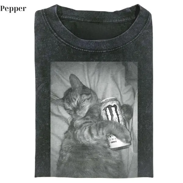 Chill Lazy Cat Monster Energy Night Vibe Tee - Vintage Graphic Tee – Unisex S-3XL – Menswear & Womenswear – Streetwear Tops – Casual Cotton Crewneck Shortsleeve T-shirt