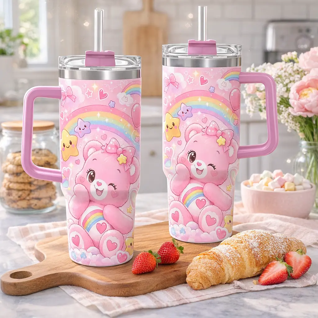 Large Handle Travel Tumbler, Pastel Pink Bears Rainbow Bow Heart Star Cloud Kawaii Cartoon Design Drinking Cup, Cute Retro Character Tumbler, Ideal Gift For Bears & Kawaii Style Fans