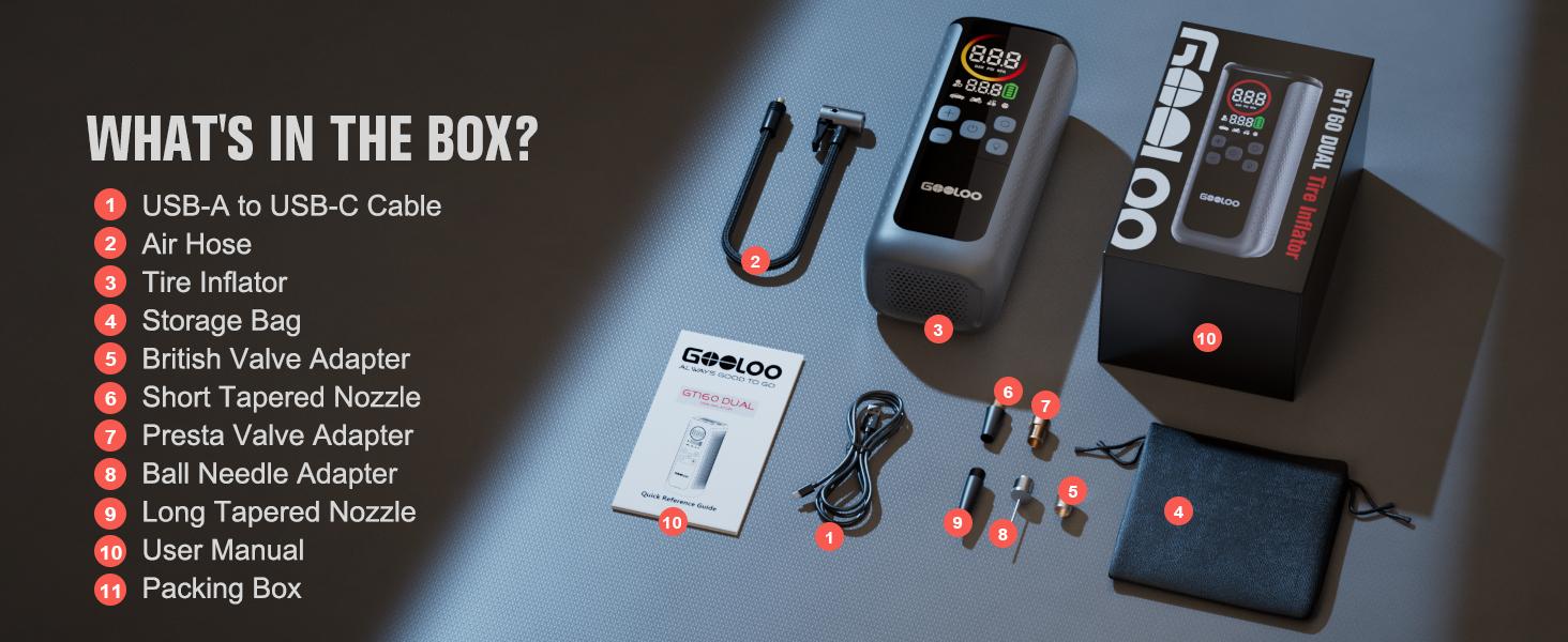 GOOLOO GT160 DUAL Tire Inflator Portable Air Compressor, 4X Faster Dual Cylinder & Upgraded Color LED Screen Portable Air Pump for Car Tires, Auto Shut-off Electric Bike Tire Pump with Pressure Gauge