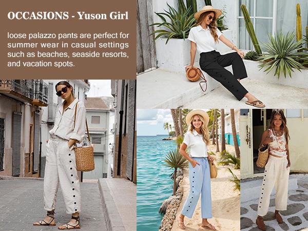 Women's Summer Trousers, Women's Summer 7/8 Cropped Wide Leg Trousers Elastic Waist Cotton Casual Trousers Lightweight Boho Trousers Beach Trousers with Pockets and Decorative Buttons