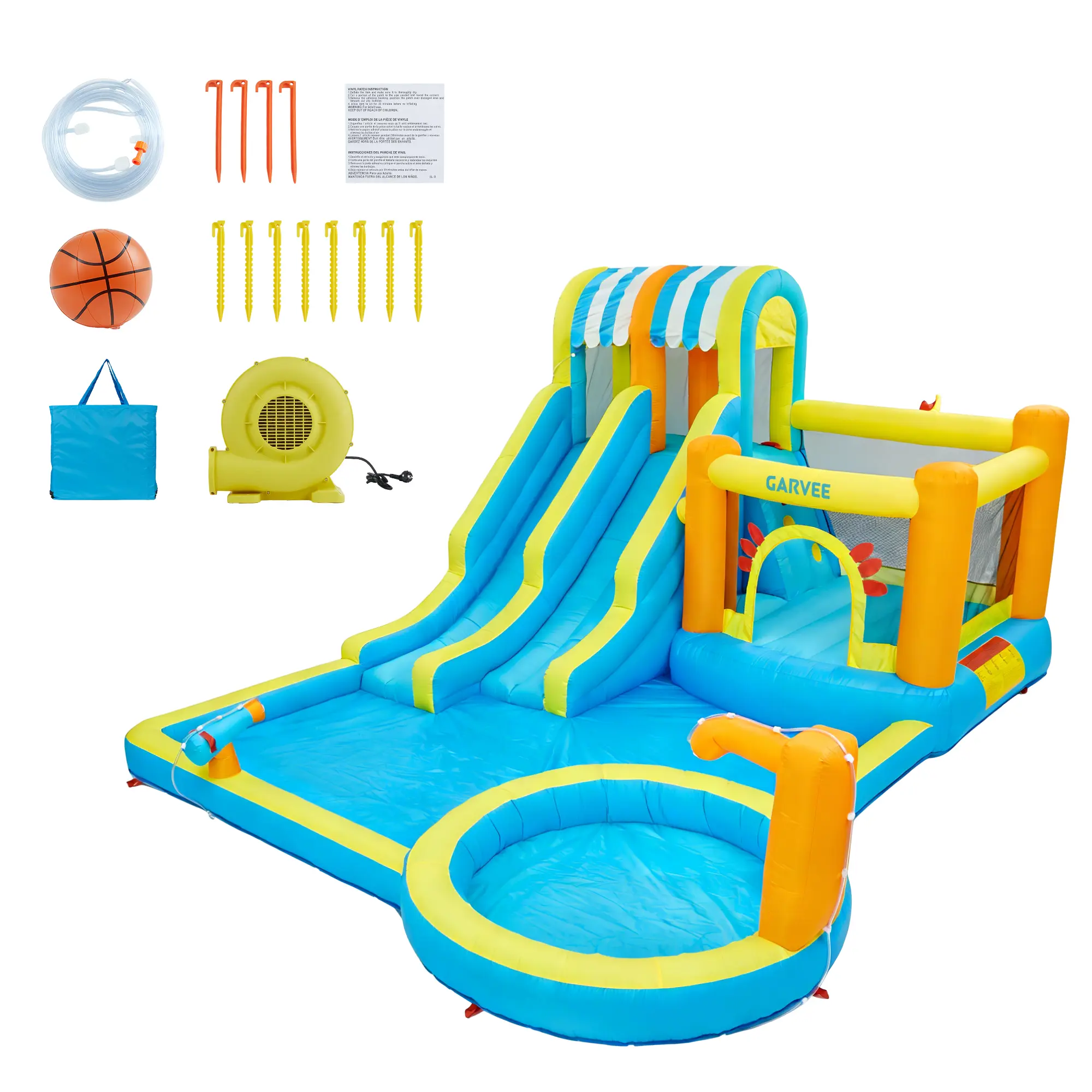 8-in-1 Inflatable Water Park with Large Pool & Double Slides – Climbing Walls, Bounce House, Durable Oxford, Complete Set with 550W Blower – Indoor/Outdoor Play for Kids
