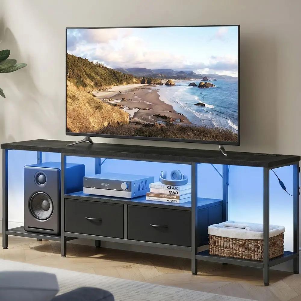SONGMICS BELLAH Collection TV Console Cabinet - Modern TV Stand Media Console with Power Outlets, USB Ports, Ambient Light, Shelves, Drawers, for 70-In TVs, Home Cinema Living Room Use