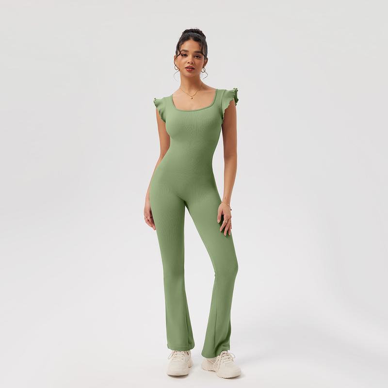 OQQ Jumpsuits For Women Ribbed Square Neck Ruffles Sleeveless Flare Long Pants Stretchy Soft Party Jumpsuits Womenswear Lady Comfort Bridal Basic