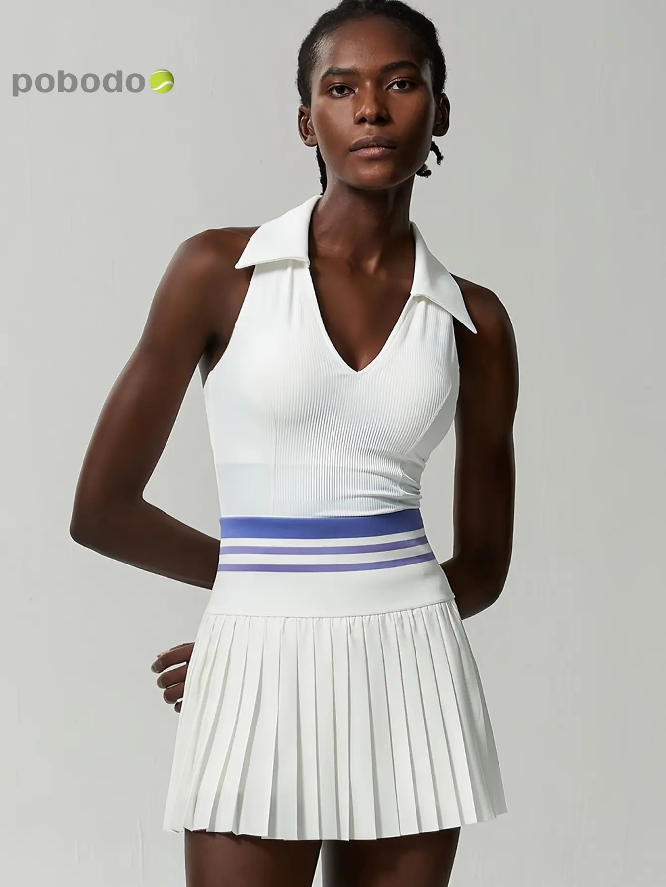 POBODO Women's 2-Piece Sleeveless Polo Neck Activewear Clothing Set - Nylon Blend Pleated Skirt with Built-in Shorts, Hidden Pocket, Gym Workout Clothes for Tennis, Golf - Athleisure Sportswear, Athletic Workout Clothing, Fitness Sportswear