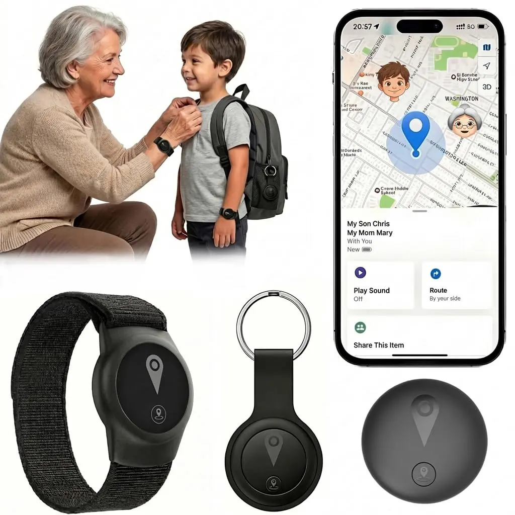 GPS tracker device designed specifically for children and seniors—compatible with iOS and Android, comes with a wearable wristband and keychain case, anti-loss device, no monthly fees, 7-Day Historical Movement History, IP68 waterproof