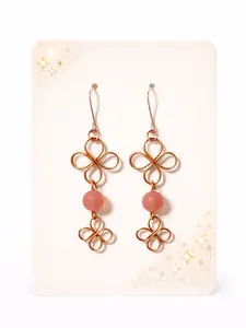 Handmade Copper Clover Earrings with Peach Moonstone Bead | Boho Dangle Earrings