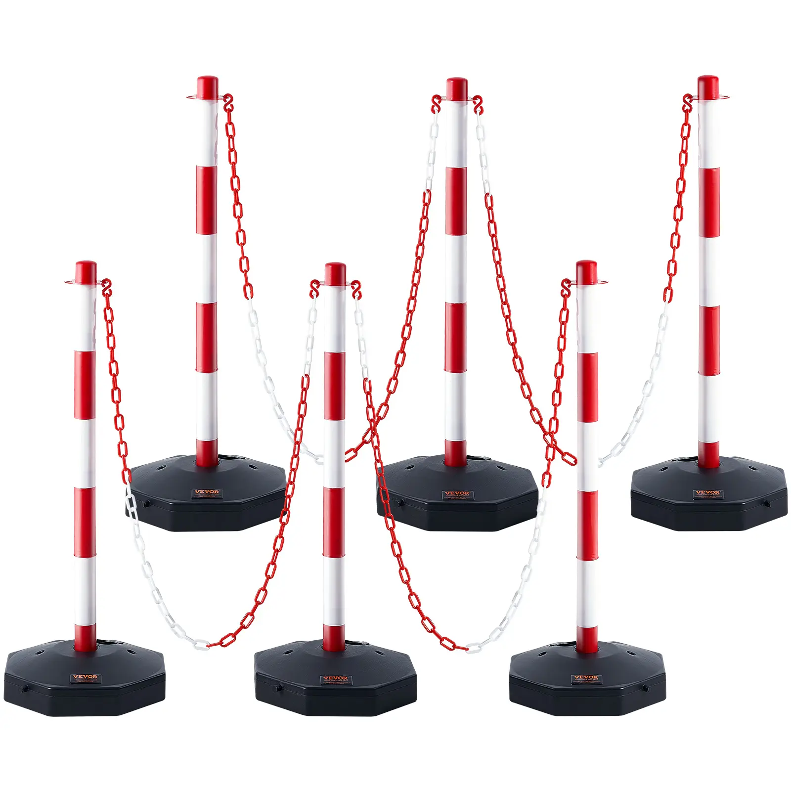 VEVOR 6-Pack Adjustable Height Traffic Delineator Posts, PP Plastic Fillable Base, 6.6FT Chain, 10-Inch Reflective Strip, Quick Assembly, Outdoor All-Seasons Use for Traffic Management, Work Safety Zones