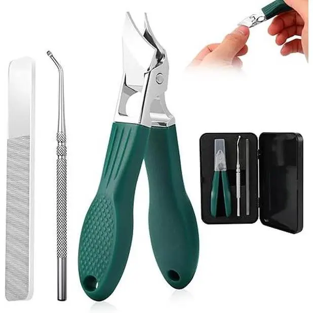 3-Piece Eagle Beak Beveled Nail Clippers Set - Stainless Steel Wide Jaw Opening Anti-Splash Slanted Tip Tool with Handle, Beveled Cut for Thick Nails and Ingrown Care, Easy to Clean, Nail Art