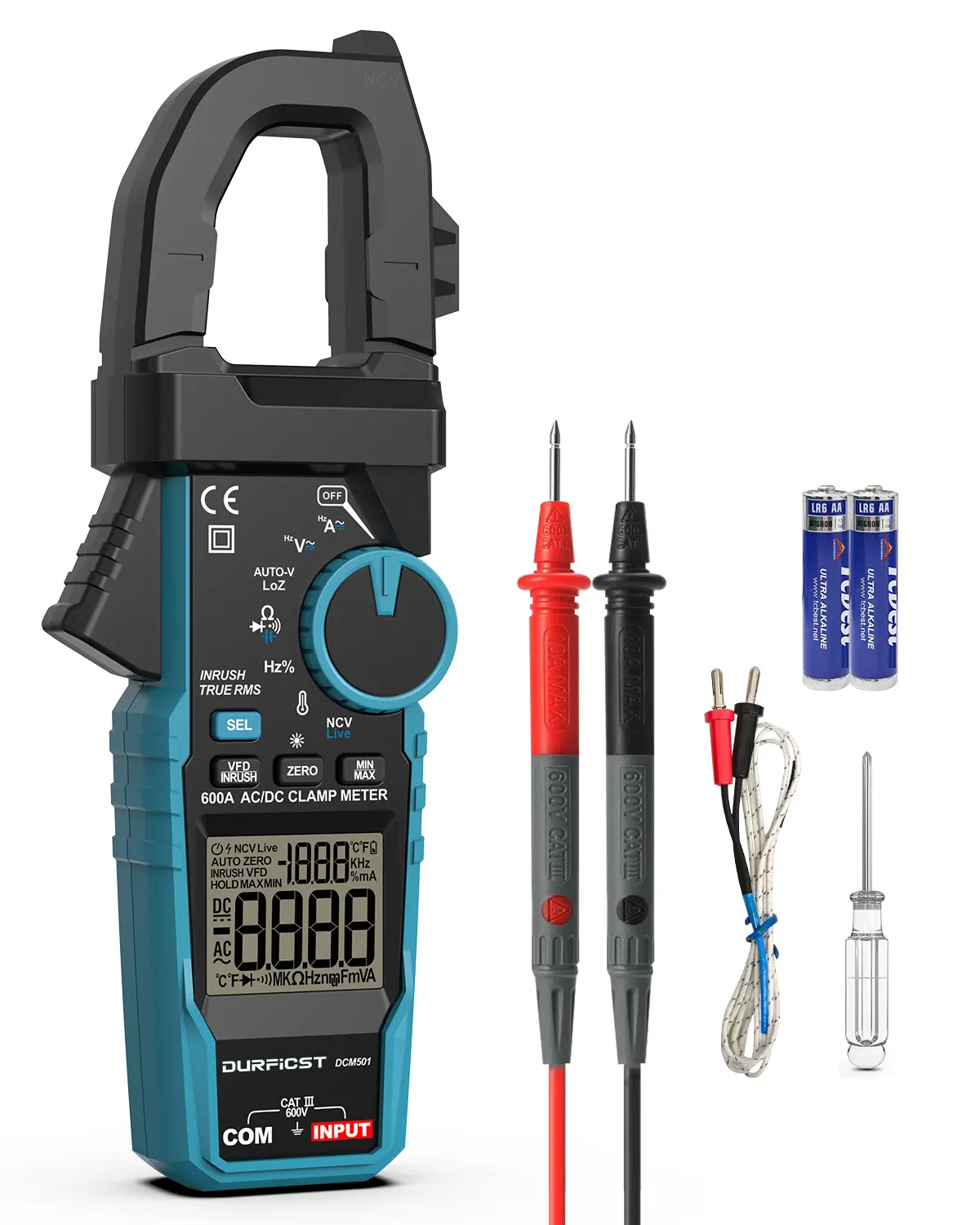 DURFICST 600A Digital Clamp Meter Multimeter AC/DC 6000 Counts Amp Volt Tester with VFD LOZ Mode NCV Temperature Resistance Capacitance Frequency