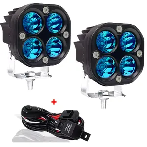 2PCS Led Pods Lights with Wiring Harness kit - 2 Leads , 3Inch 40W Led Driving Off Road Lighting 12V 24V Spot Cube Light Bar for 4WD Pickup Trucks Boat ATV UTV SUV Motorcycle Golf Tractor Blue Fog Light