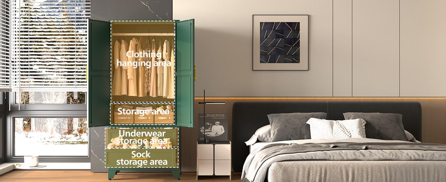 Metal Wardrobe Closet 71" with 2 Doors & 2 Drawers, Armoire Wardrobe Closet with Hanging Rods and Adjustable Shelf, Steel Wardrobe Storage Cabinet for Bedroom, Large mothersdaygift