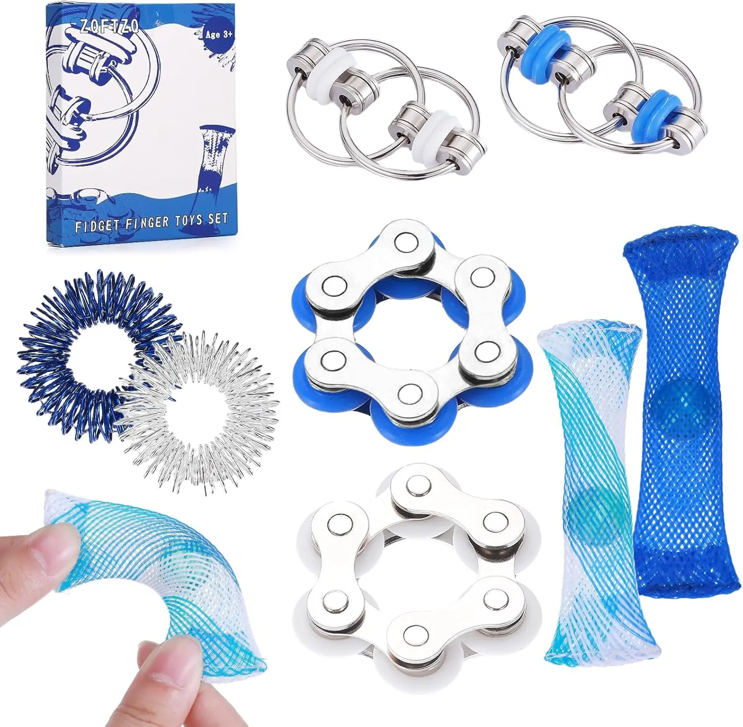 8 Pcs Sensory Fidget Toys Pack Flippy Roller Bike Chain Fidget Spinner Anxiety and Stress Relief Silent Tools Mesh Marble Acupressure Ring for Adults Teens Kids Boys Girls Easter Gifts
