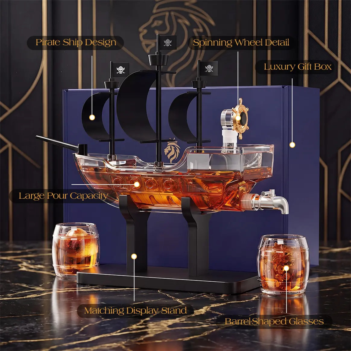 Pirate Ship Whiskey Decanter Set with Luxury Gift Box,Man Cave Bar Accessories,2 Matching Bottles,Present for Men,Dad,Husband,Boyfriend,Home Bar Dispenser,Funny Gifts for Anniversary,Sailor&Captain Enthusiasts,Artisan Glass,No Alcohol Included,sohochic
