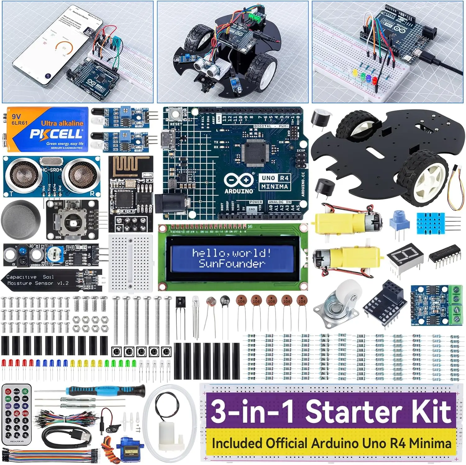 SunFounder 3-in-1 Robotic Learning Kit - Original Arduino Uno R4 Minima, 5V Logic Battery, ESP8266 IoT WiFi Module, 50+ Step-by-Step Tutorials, Smart Car Projects, RoHS Compliant, 1.06 kg, for Beginners, Arduino Uno R4 Minima Compatible Devices