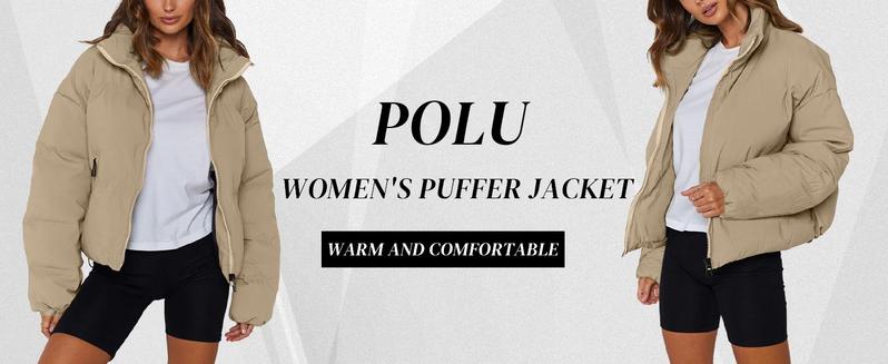 Polu Women's Winter Cropped Puffer Jacket Oversized Long Sleeve Full Zip Puffy Coat Warm Quilted Jacket with Pockets