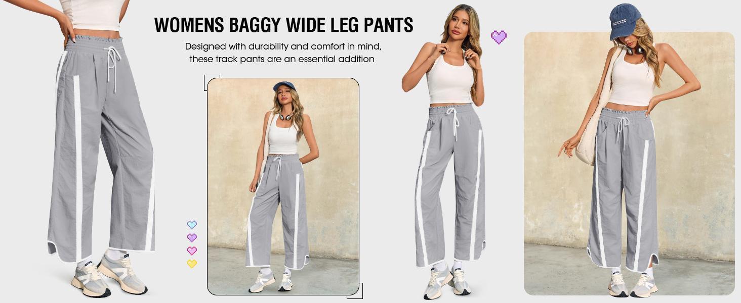 Imily Bela Women's Baggy Wide Leg Pants Casual Drawstring Elastic Waisted Contrast Color Workout Y2K Track Pants for All Seasons - Wideleg