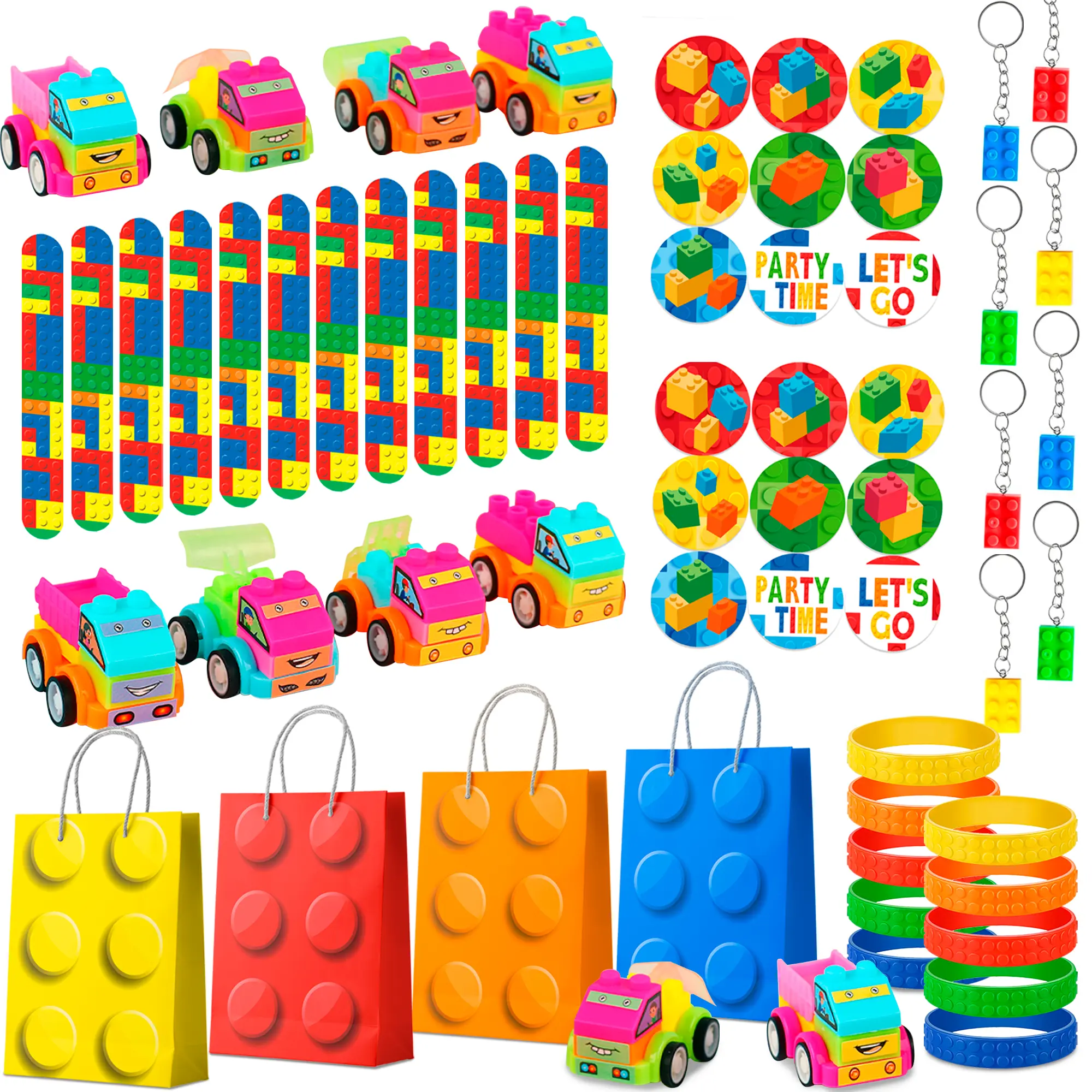 Building Block Birthday Party Favors,62 Pcs Building Blocks Party Favors Set- Building Block Favor Bags,Building Block Birthday Party Keychains Slap Bracelets etc Building Block Themed Party Favors