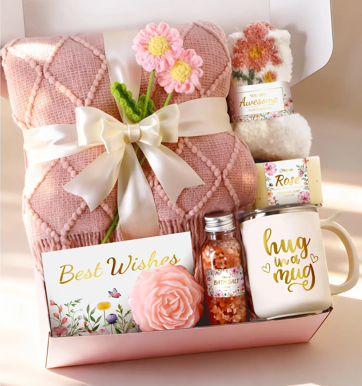 Coralogo Female Adult Rose-Theme Soothing Aromatherapy Gift Set Box - 8-Item Pink Spa Kit with Knit Crochet Fabric Blanket, Floral Accents, Stress Relief Home Bathroom Supplies for Birthday, Anniversary Gifting