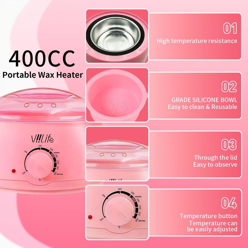 Viilife Waxing Kit - Pink Electric Wax Warmer with 10 Wax Strips for Face Armpit & Legs Hair Removal - 200ml Capacity - Grooming Needs Body Care
