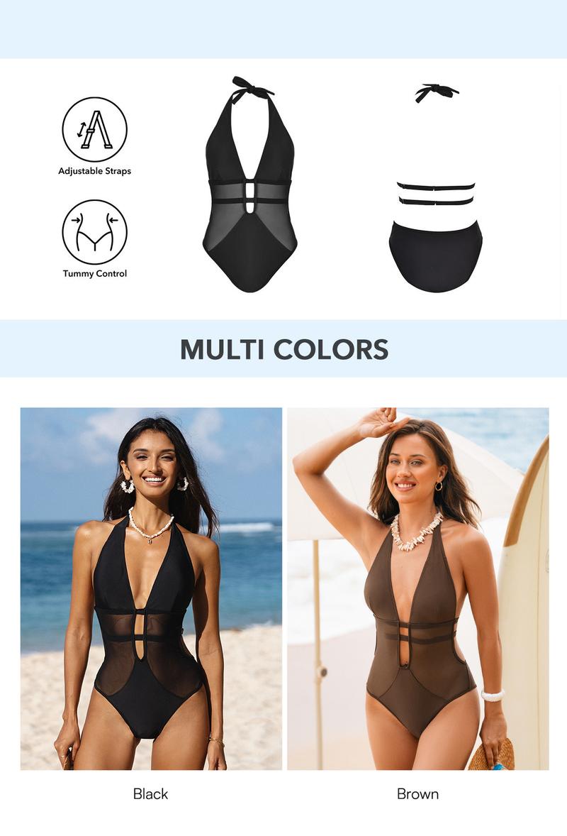 CUPSHE 2026 Hourglass Sculpting Mesh One Piece Swimsuit | Deep V Neck Tummy Control Monokini | Chic Halter Back Sheer Bathing Suit for Pool Party Glam