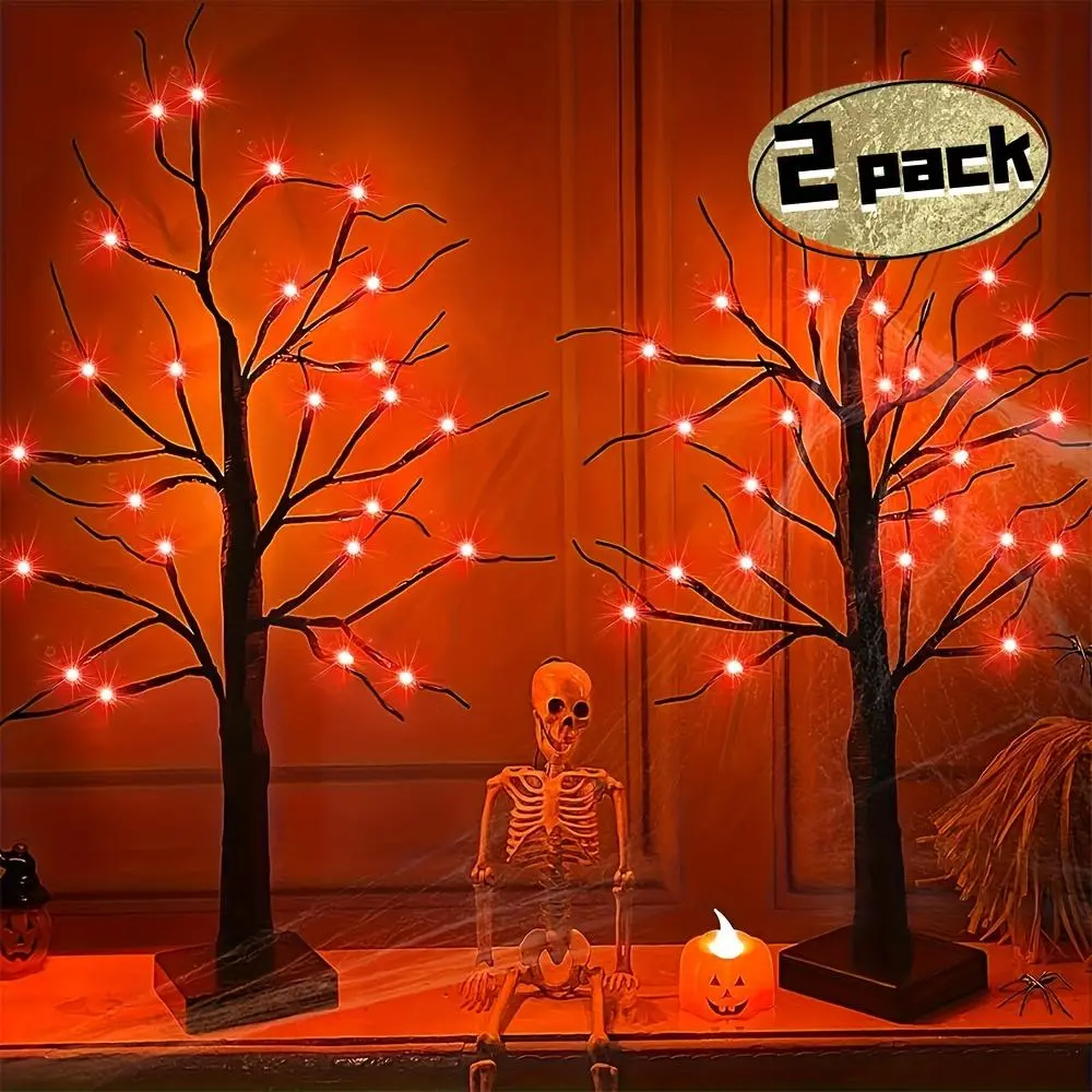 2-piece set of 24-inch Halloween birch tree decorations, featuring 48 LED lights, plus 18 random Halloween decorative ornaments included. Battery-powered, desktop-sized artificial black horror tree, ideal for Halloween decorations and indoor home decor. L