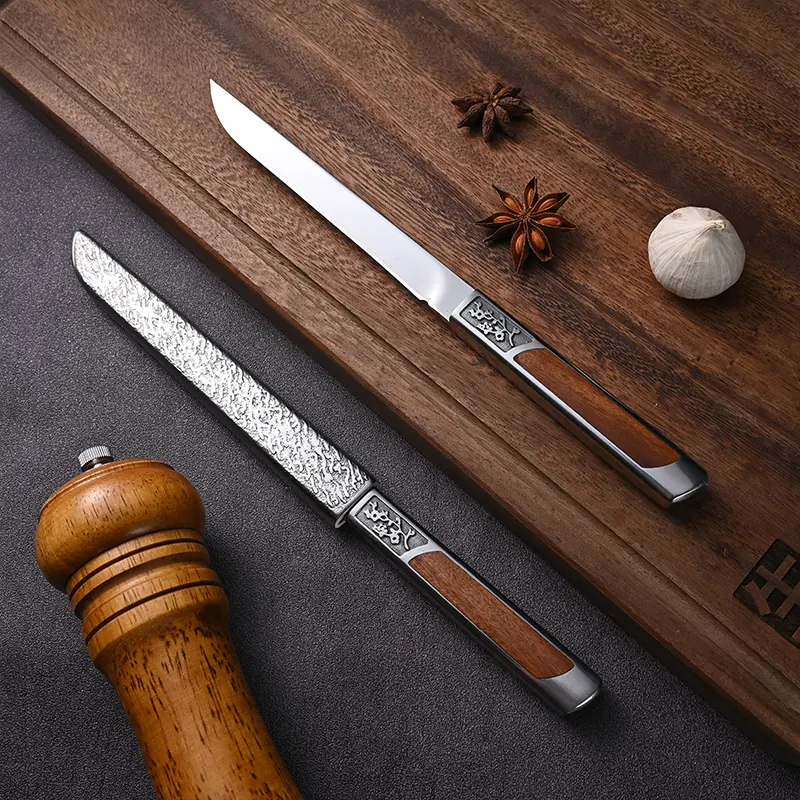 Vintage Plum Blossom Relief Wooden Handle Stainless Steel Kitchen Sharp Meat Knife, Compact Outdoor Portable Fruit Knife with Protective Sheath
