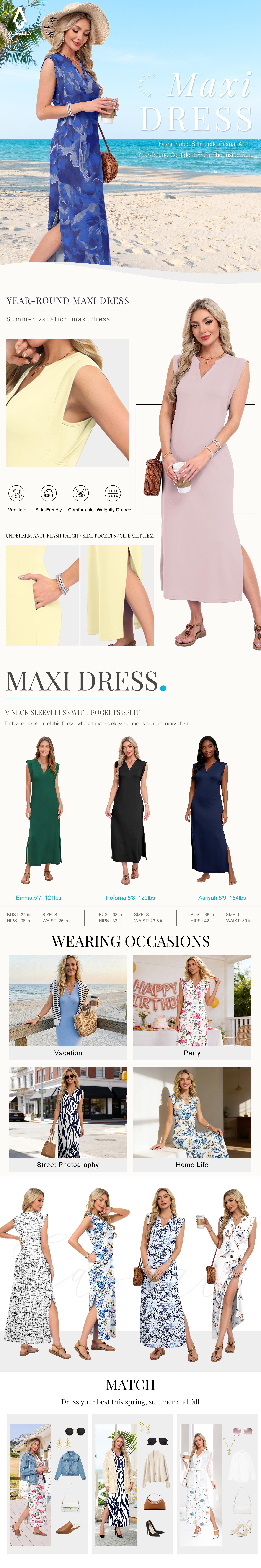 AUSELILY Summer Dresses for Women 2026 Wrink Free Beach Vacation Dress Sundresses Ladies Tropical Pockets Maxi Dress SpringStatements