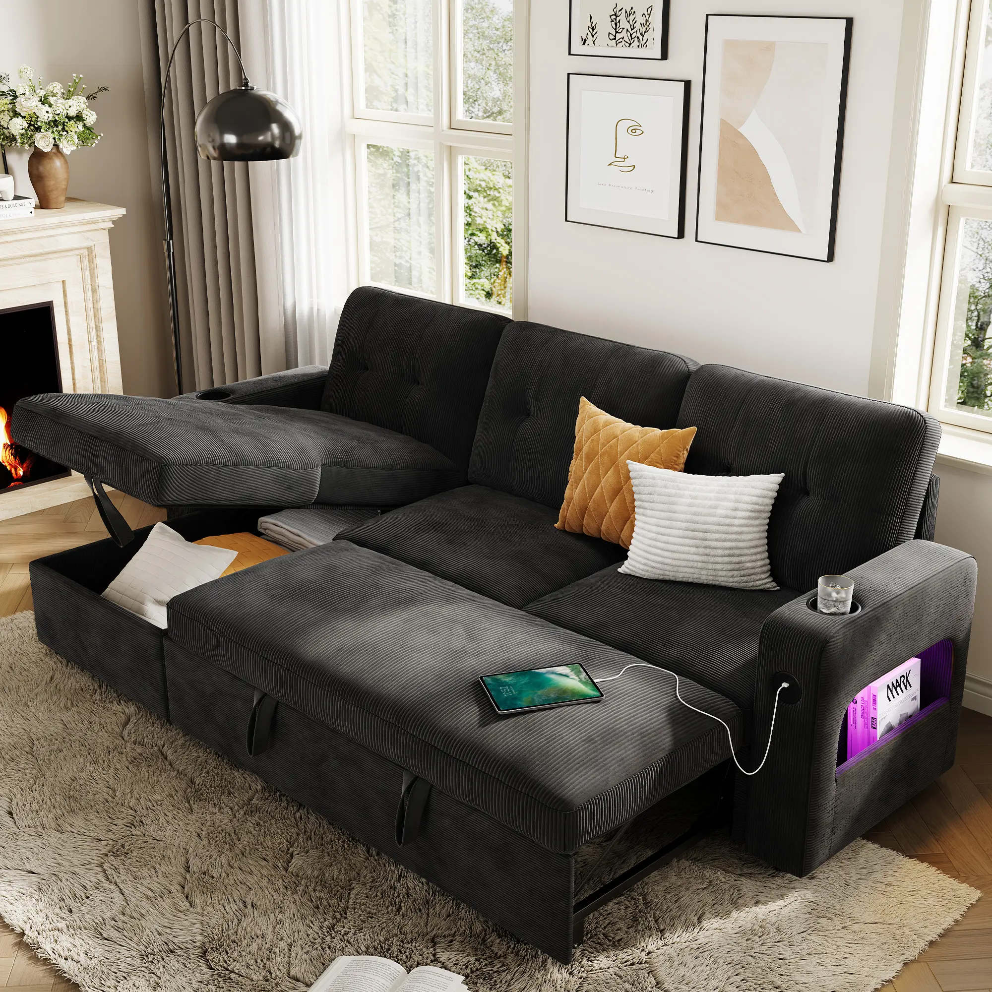 84 Inch Sleeper Sofa Bed, L-Shaped Sofa, Convertible Pull Out Couch Bed with Storage, Charging Station, LED Lights, Modern Sectional Sofa for Living Room, Apartment, Corduroy, Black