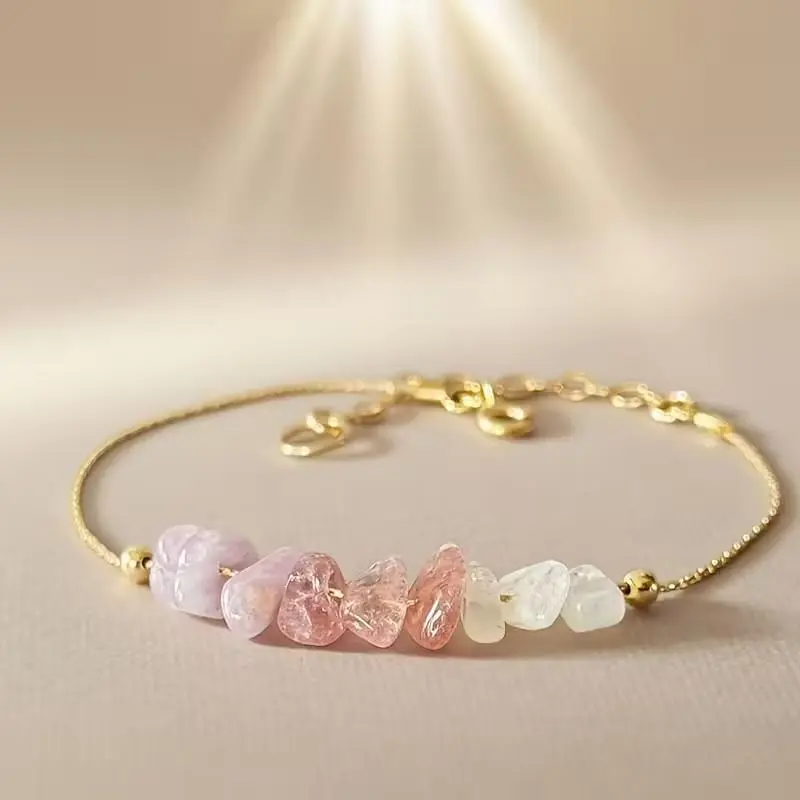 Menopause Support Crystal Gemstone Bracelet - Beautiful Bracelets with Irregular Lepidolite, Strawberry Quartz, Moonstone, Divine Feminine Healing Jewelry, Dainty Minimalist Style, 18cm Base Chain, Adjustable Clasp, Mood Swing Calming, for Daily Wear, Cry